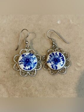 Vintage 835 Silver Blue Porcelain Delft Like Earrings